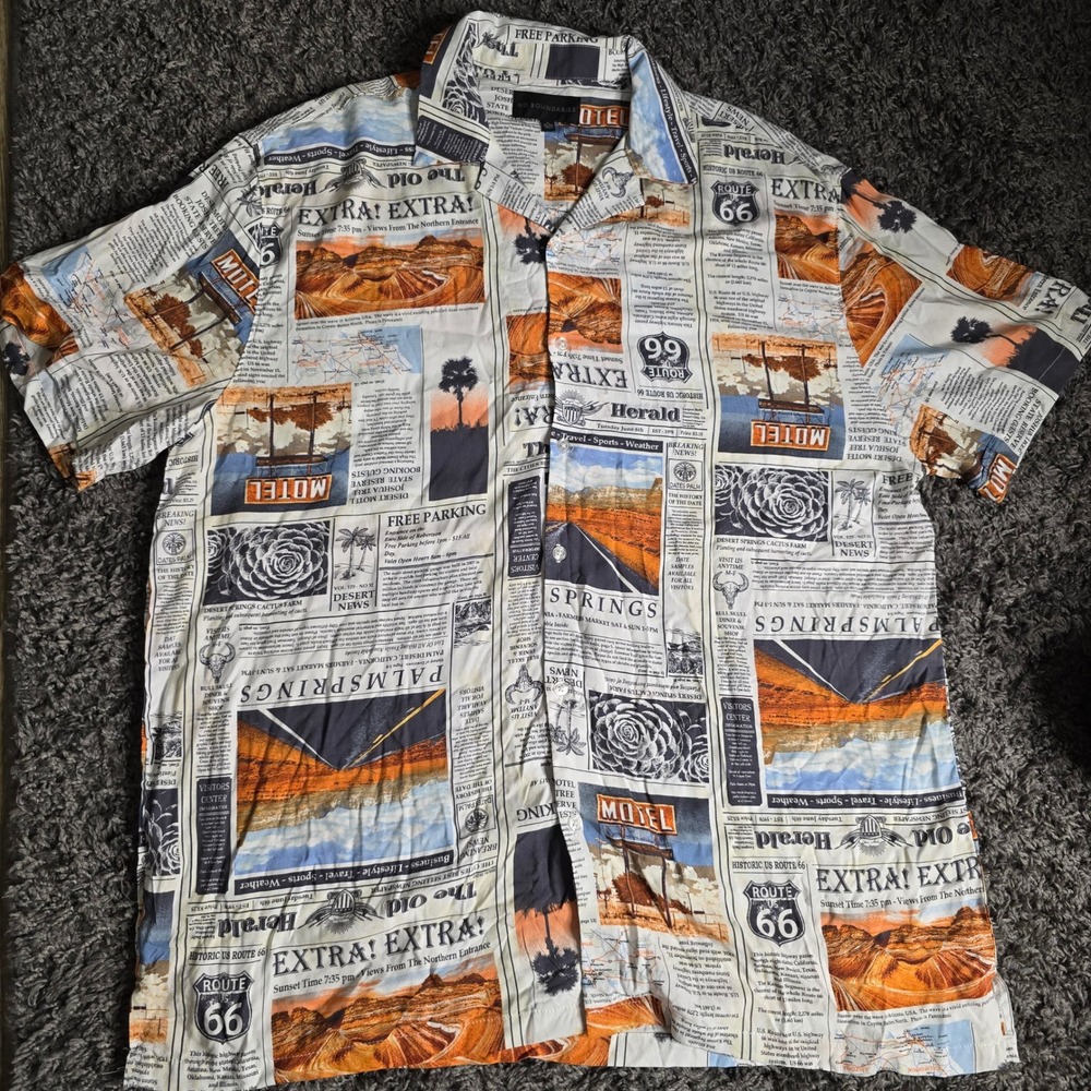 No Boundaries‎ Mens XL Newspaper Route 66 Travel Print Rayon Button Up Shirt